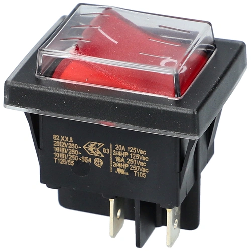 16A/250V AC, 37x30 mm Billenőkapcsoló, piros, számos, porvédővel, széles takarítógép