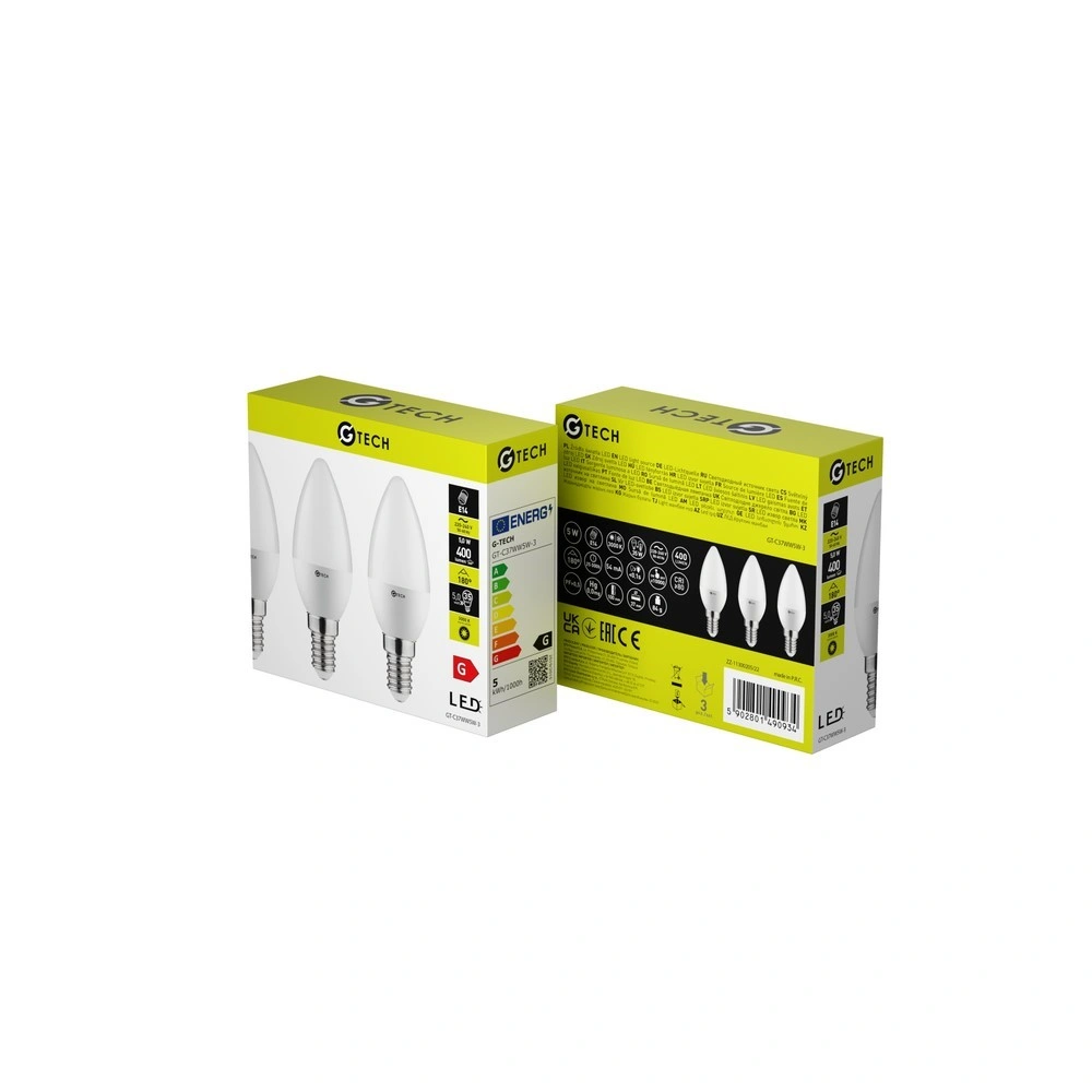 5W E14 LED fényforrás ( Izzó ), 3000K, 400 lm, gyertya alakú, 3db / csomag,  G-Tech