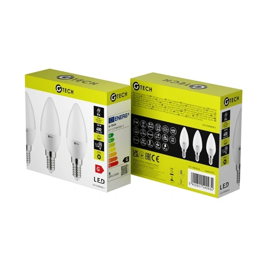 5W E14 LED fényforrás ( Izzó ), 3000K, 400 lm, gyertya alakú, 3db / csomag,  G-Tech