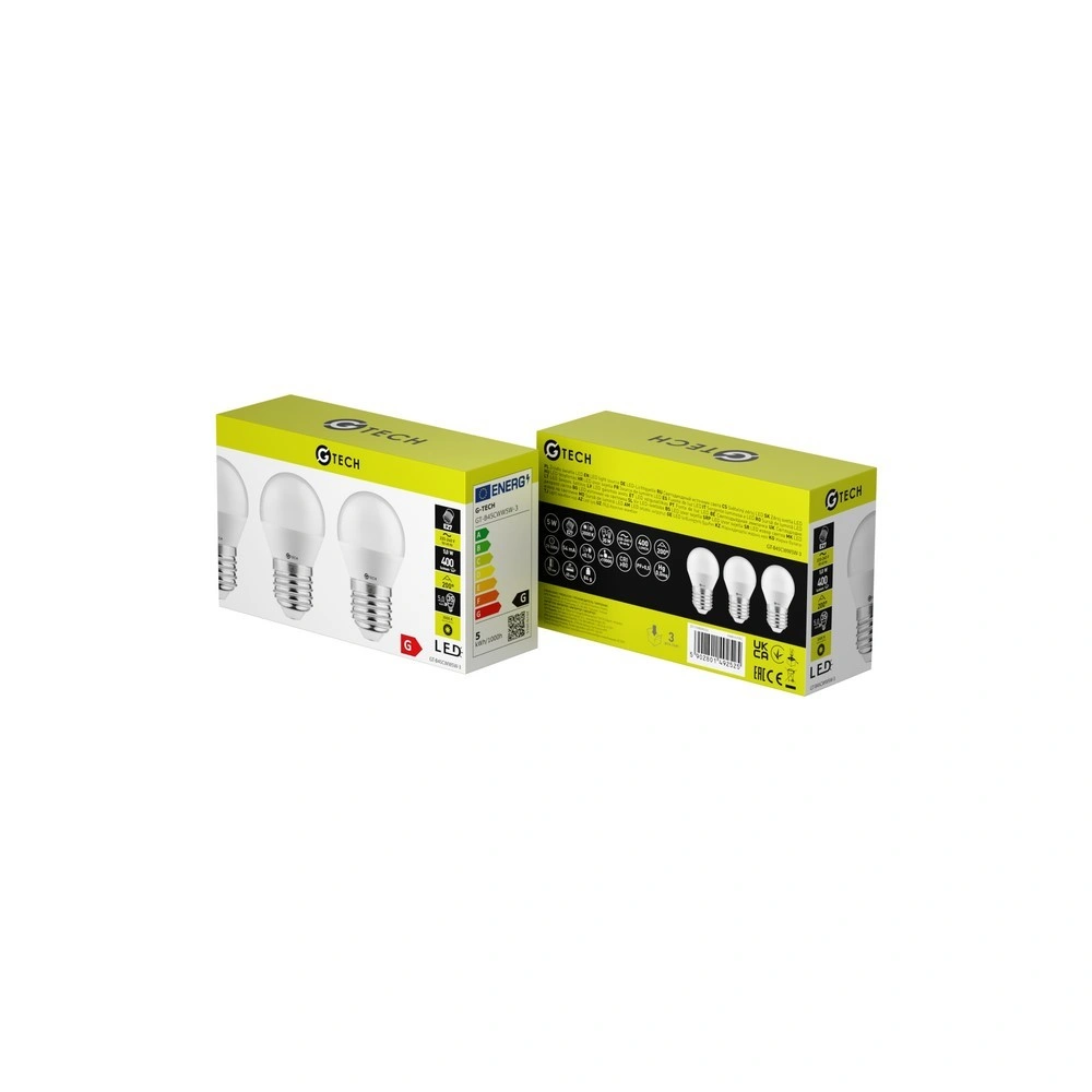 5W E27 LED fényforrás ( Izzó ), 3000K, 400 lm, kisgömb alakú, 3db / csomag,  G-Tech