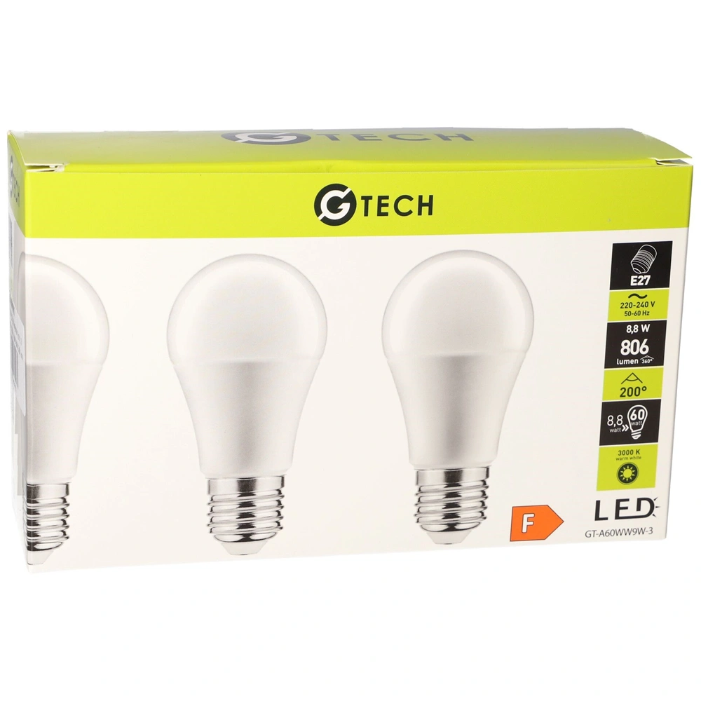 8,8W E27 LED fényforrás ( Izzó ), 3000K, 806 lm, gömb alakú, 3db / csomag,  G-Tech