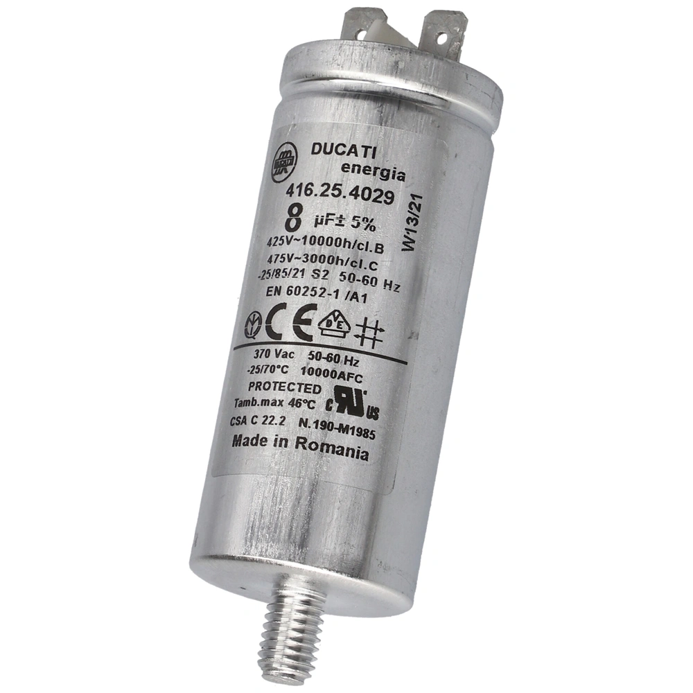 8 uF 475V Kondenzátor, sarus, motor indító, fémházas (eredeti) GORENJE / MORA szárítógép / RENDELÉSRE