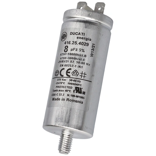 8 uF 475V Kondenzátor, sarus, motor indító, fémházas (eredeti) GORENJE / MORA szárítógép / RENDELÉSRE