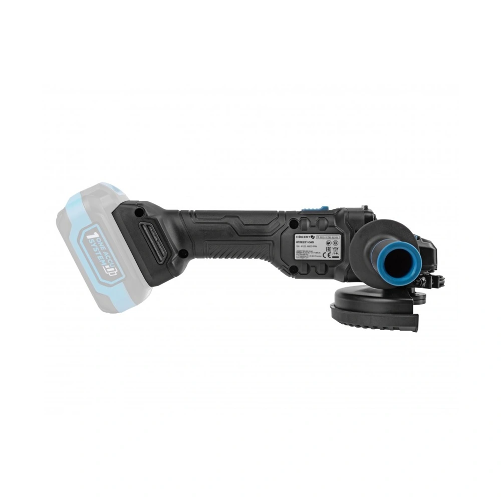 Akkumulátoros sarokcsiszoló géptest (töltő és akku nélkül), szénkefementes, 125 mm, 18V, HÖGERT HT2E231 