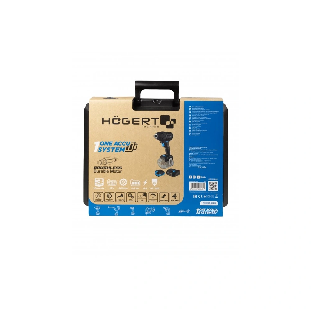 Akkumulátoros ütvecsavarbehajtó szett, szénkefementes motor, 4 Ah akku, 18 V, 200 Nm, HÖGERT HT2E255 