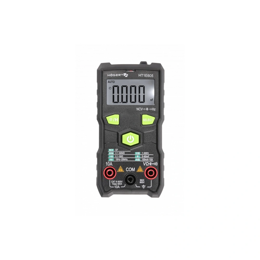 Digitális Multiméter, önbeállító, zseblámpa, LCD kijelző, AC-DC 600V, 10A, 60 MΩ, NCV, HÖGERT HT1E605