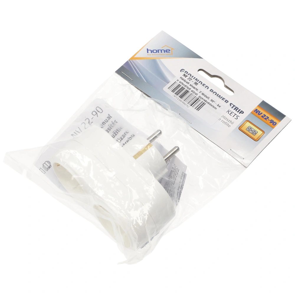 Hálózati elosztó, 2 földelt, 90°-ban elfordított aljzat, gyerekvédelem, IP20, 16A, 3500W fehér, HOME  NV 22-90