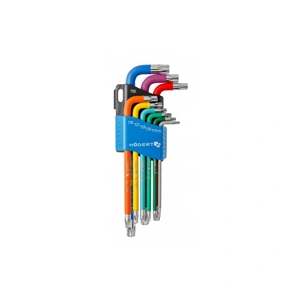 Imbuszkulcs készlet, 9 részes, TORX T10-T50 CrV, gömbfejű, színkódos, hosszú, 25 év garancia, HÖGERT HT1W817