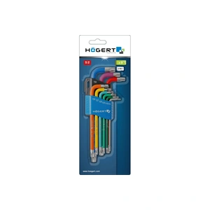 Imbuszkulcs készlet, 9 részes, TORX T10-T50 CrV, gömbfejű, színkódos, hosszú, 25 év garancia, HÖGERT HT1W817