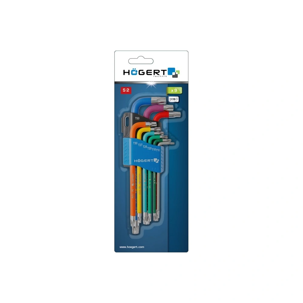 Imbuszkulcs készlet, 9 részes, TORX T10-T50 CrV, gömbfejű, színkódos, hosszú, 25 év garancia, HÖGERT HT1W817