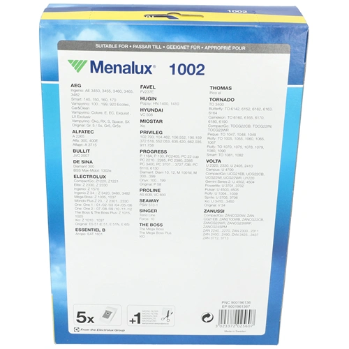 Porzsák, mikroszálas MENALUX 1002 /T196/  5db+szűrő (eredeti)  ELECTROLUX porszívó pl: XIO PC3701