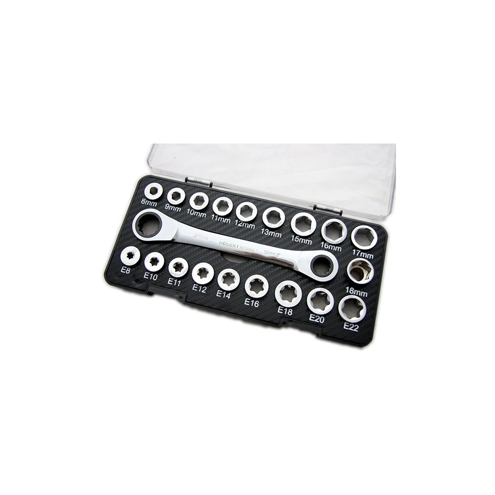 Racsnis csillagkulcs cserélhető dugókulcs fejekkel 8-19 mm és Torx 8-22 mm fejekkel, 20 részes , HÖGERT HT1R492 
