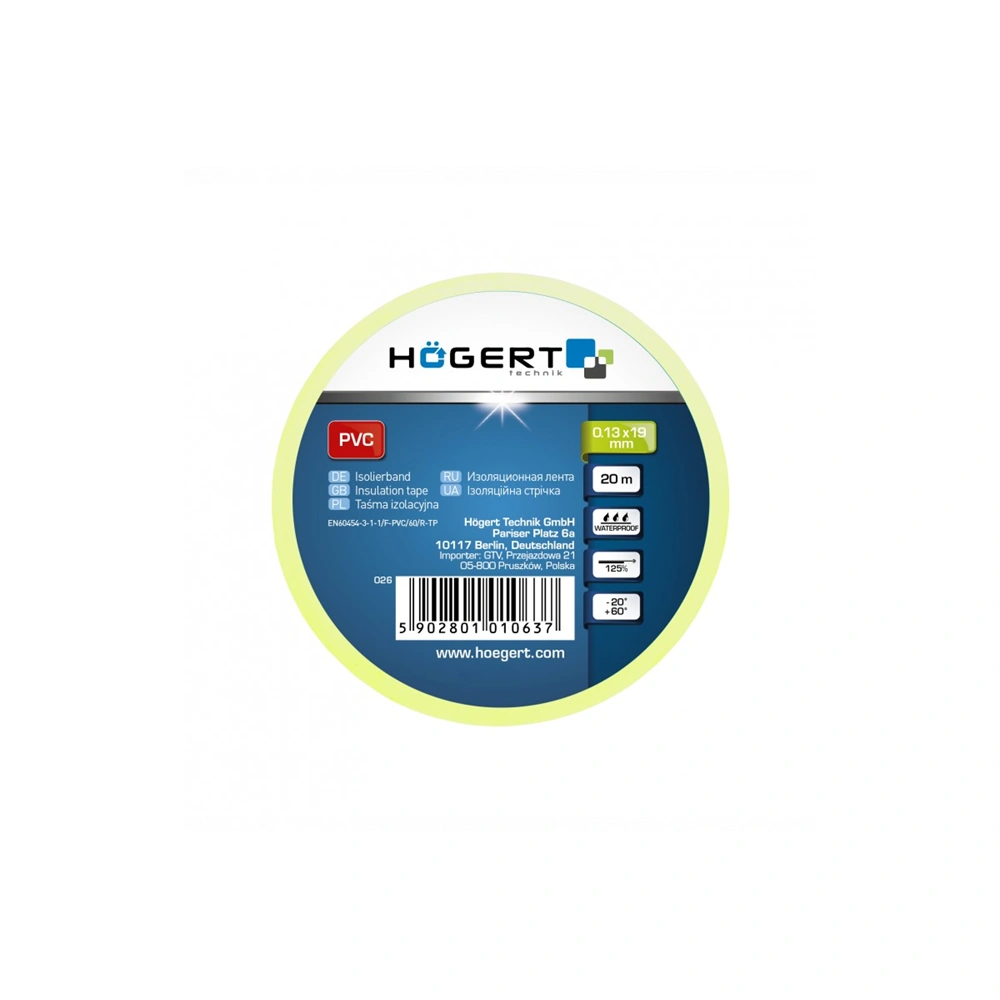 Szigetelőszalag, sárga-zöld, 20m, 19 mm, HÖGERT HT1P286