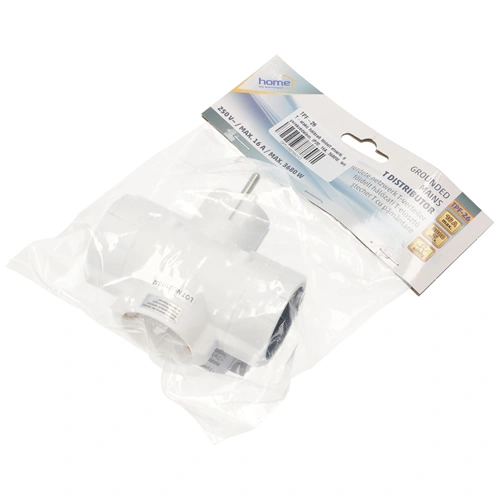 T-alakú hálózati földelt elosztó, gyerekvédelem, IP20, 16A, 3680W, fehér, HOME  TPF-26